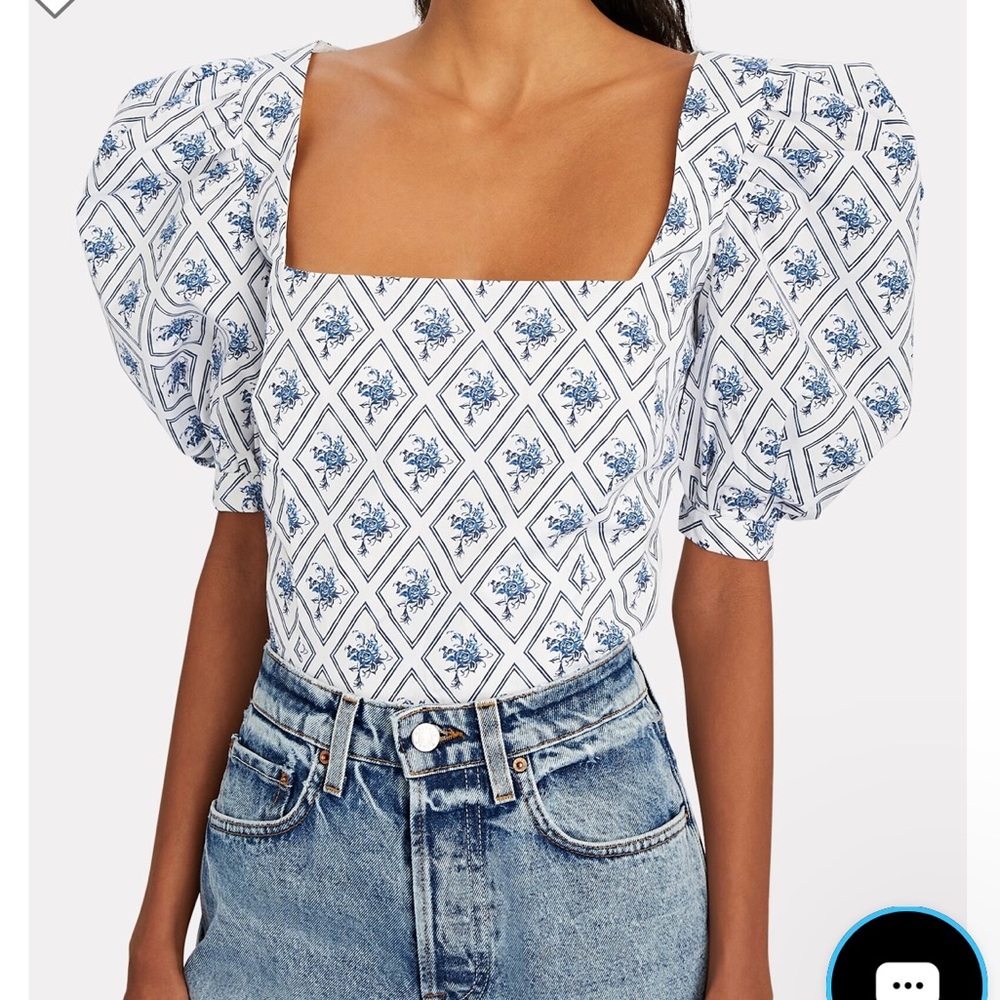Caroline Constas Blue and White Puff Sleeve Blouse